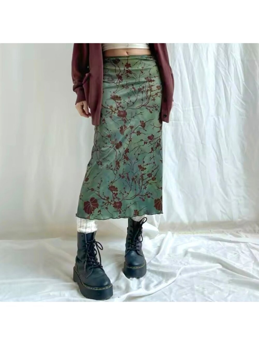NEW Fairy Grunge Y2K Midi Skirt Sz M Green Pull On Floral 90s Boho
